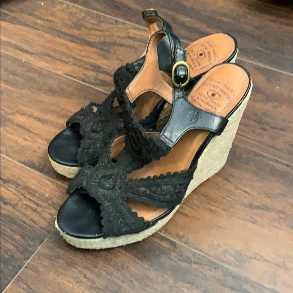 Lucky Brand Black Woven Wedge Sandal Size 8 1/2